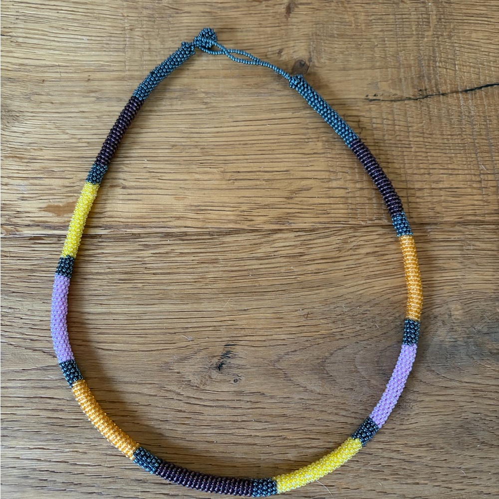 Handmade Multicolor Seed Bead Necklace - Blue, Yellow, Pink